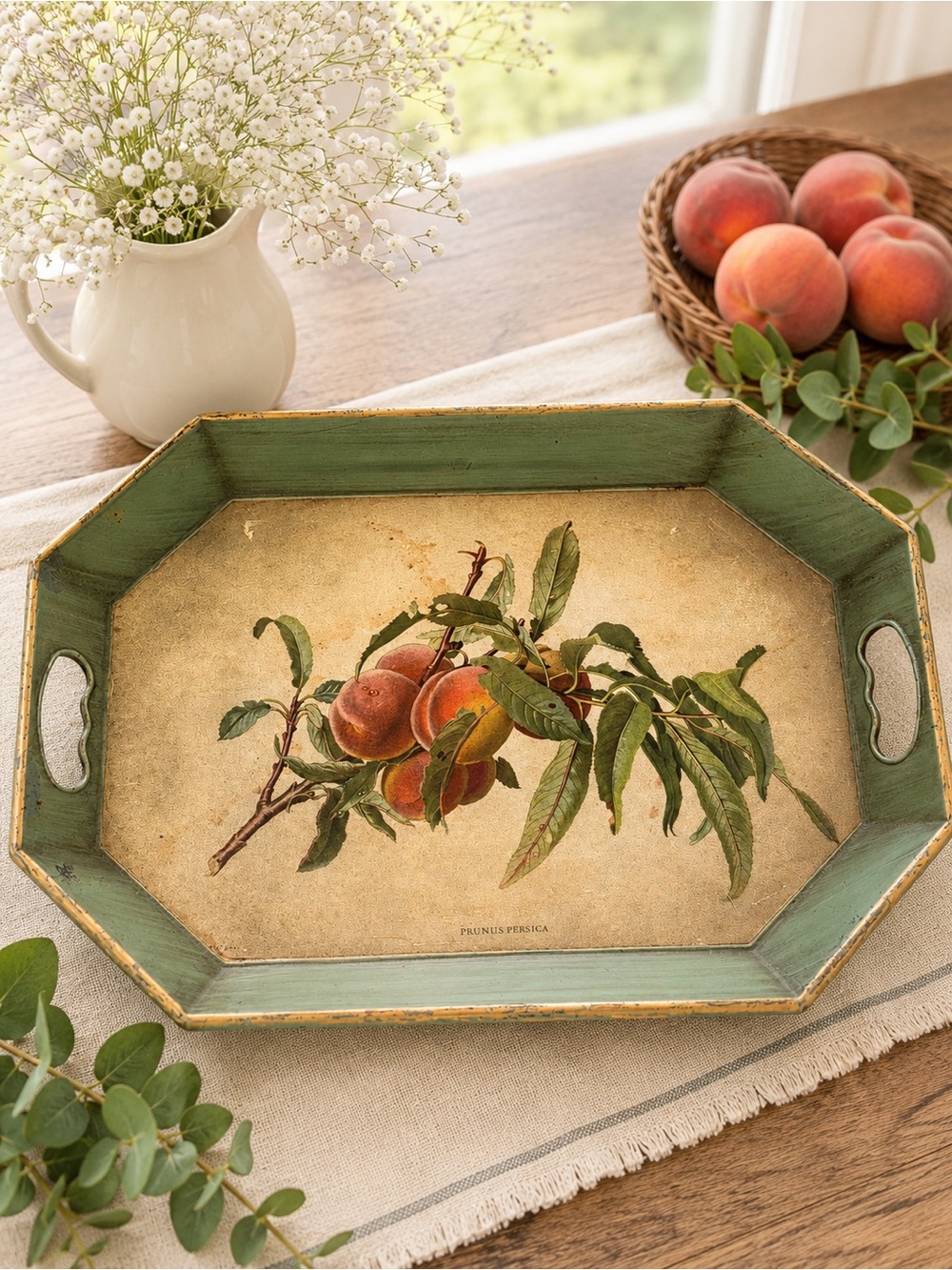 Vintage Peach Botanical Serving Tray - Green hand painted toile numbered